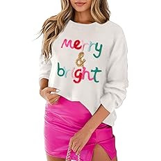 LEMAFER Women 2025 Merry Christmas Round Neck Sequin Letters Sweater Casual Solid Slogan Long Sle... | Amazon (US)