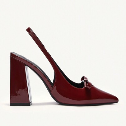 Women's Fashion Wine Red Chunky Heel Pointed Toe Bowknot Basic Pumps New Year Holiday Valentine Gift | SHEIN