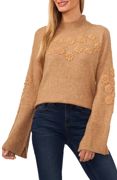 CeCe Floral Embroidered Mock Neck Sweater in Latte Heather Brown at Nordstrom, Size Large | Nordstrom