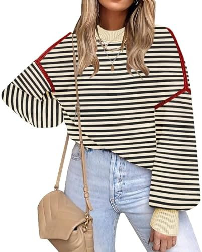 Fall Clothes for Women 2025 Trendy Fashion Oversized Sweaters Color Block Long Sleeve Knited Pull... | Amazon (US)