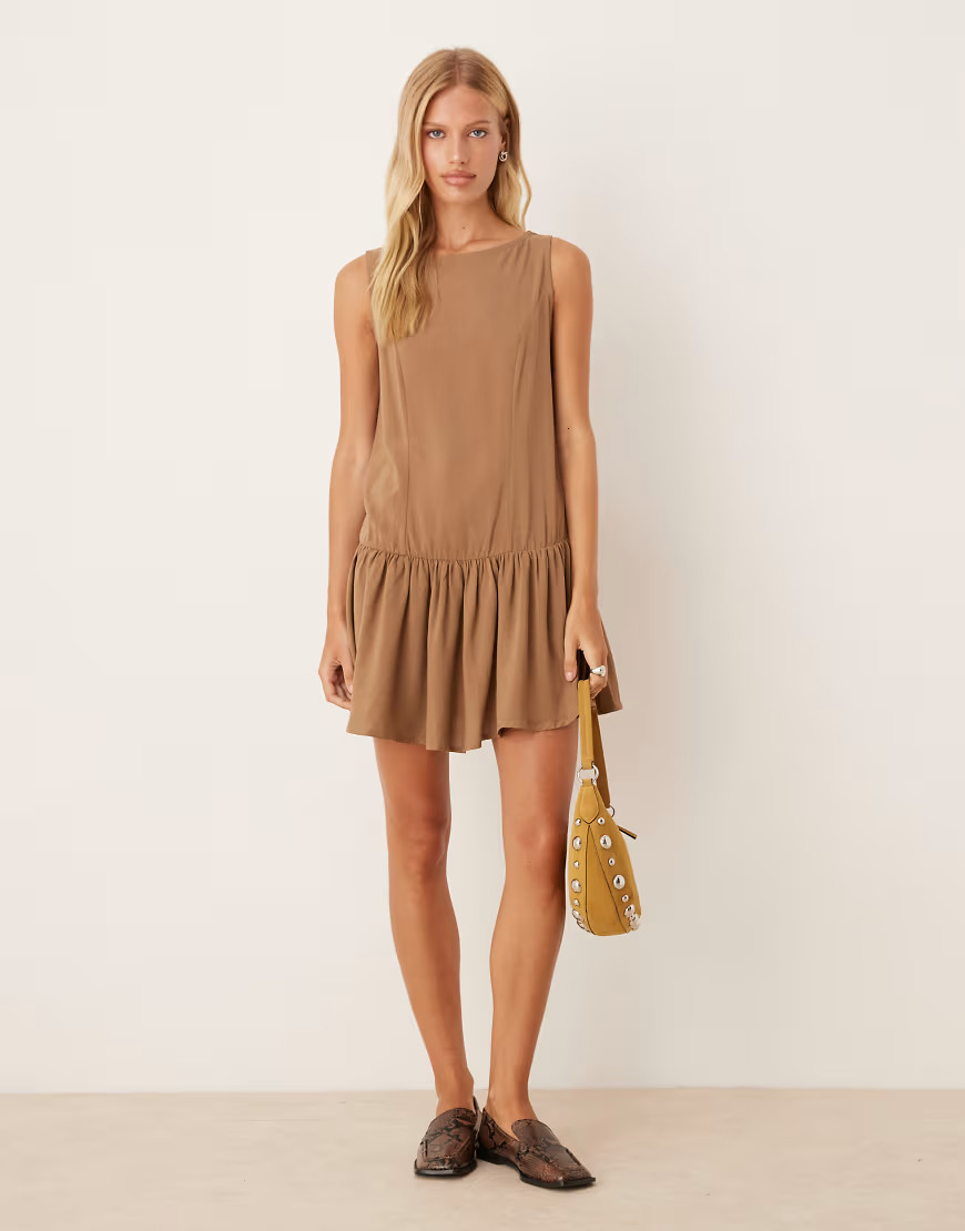 ASOS DESIGN linen blend drop waist mini dress in mocha-Brown | ASOS (Global)