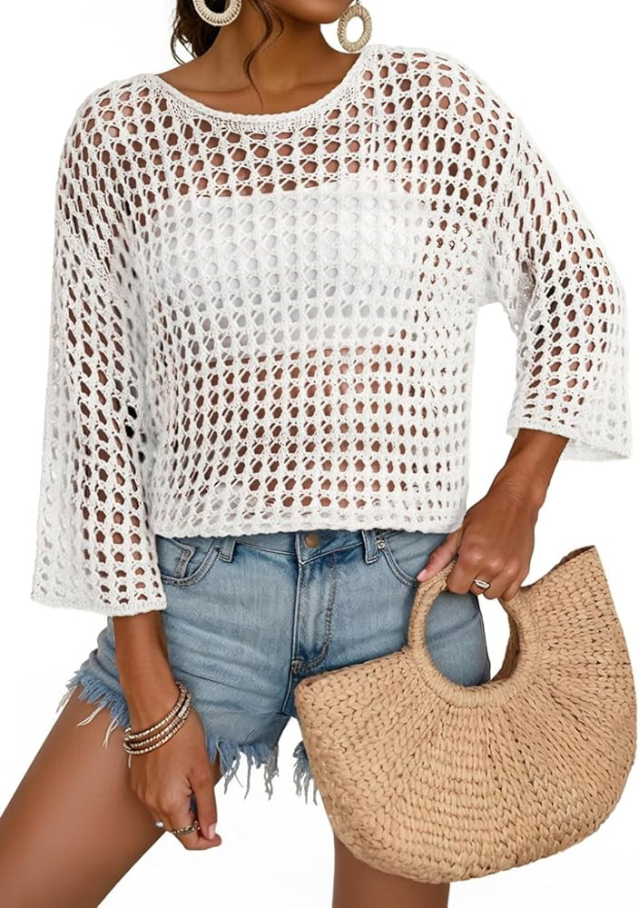 Dokotoo Womens Spring Summer 3/4 Sleeve Crochet Sweater Hollow Out Color Block Striped Tops Casua... | Amazon (US)