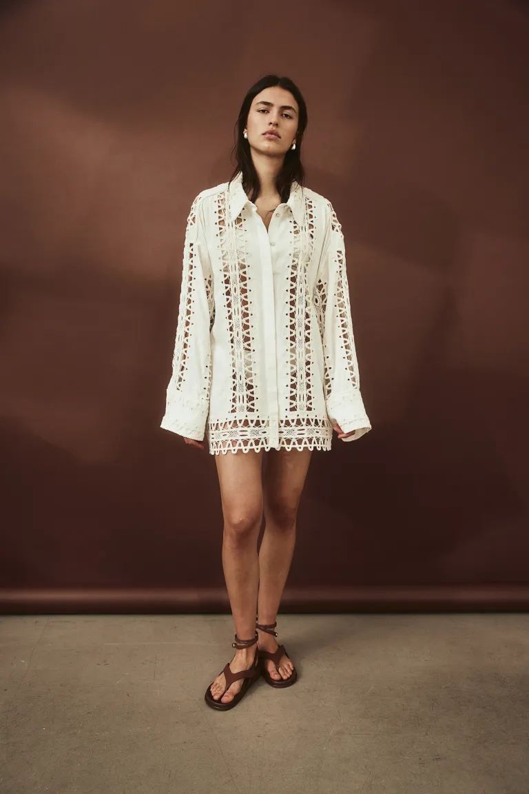 Embroidered Linen-blend Shirt - White - Ladies | H&M US | H&M (US + CA)