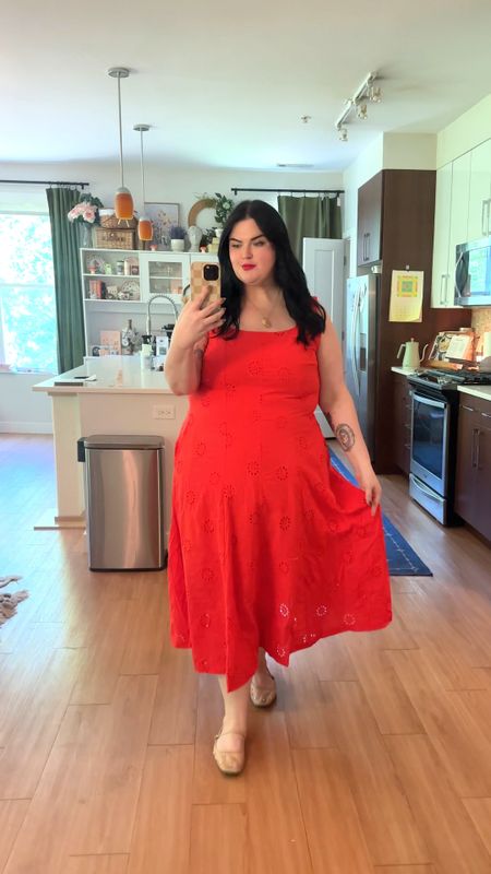 Obsessed with this red eyelet dress from
Walmart! Wearing a size XXL. I’m a size 20. Love the fit. Wonderful for summer events, weddings and Fourth of July. I also included my flats , necklace and makeup! 

#LTKSaleAlert #LTKFindsUnder50 #LTKMidsize