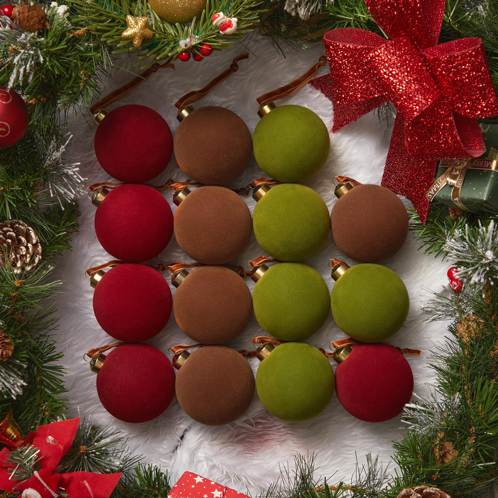Brightown 15 Pcs Velvet Christmas Balls, 3.15 Inch Red Green Brown Velvet Ornaments for Christmas... | Amazon (US)