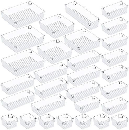 Puroma 31-pcs Desk Drawer Organizer Trays, 5-Size Large Capacity Plastic Drawer Storage Bins Kitc... | Amazon (US)