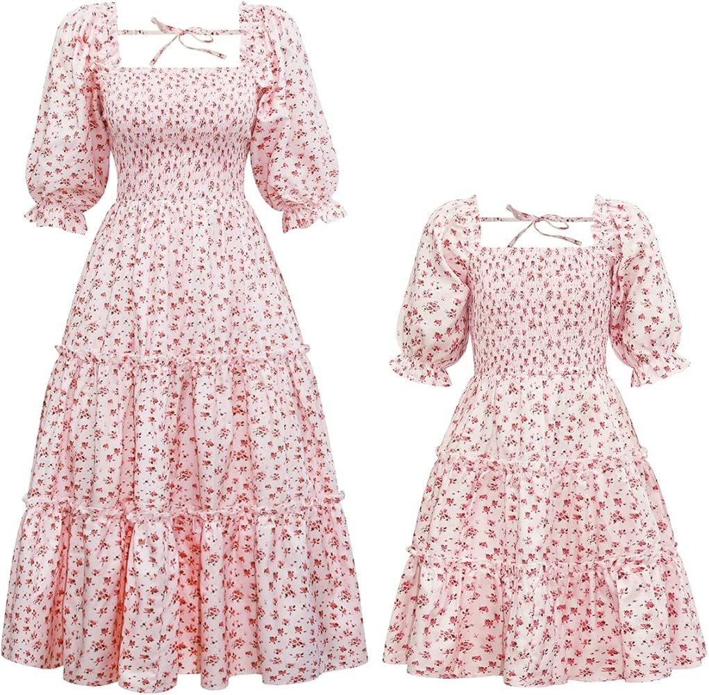 Mommy and Me Matching Dresses Floral Printed Ruffled Lantern Sleeves A-Line Long Dress Mom Daught... | Amazon (US)
