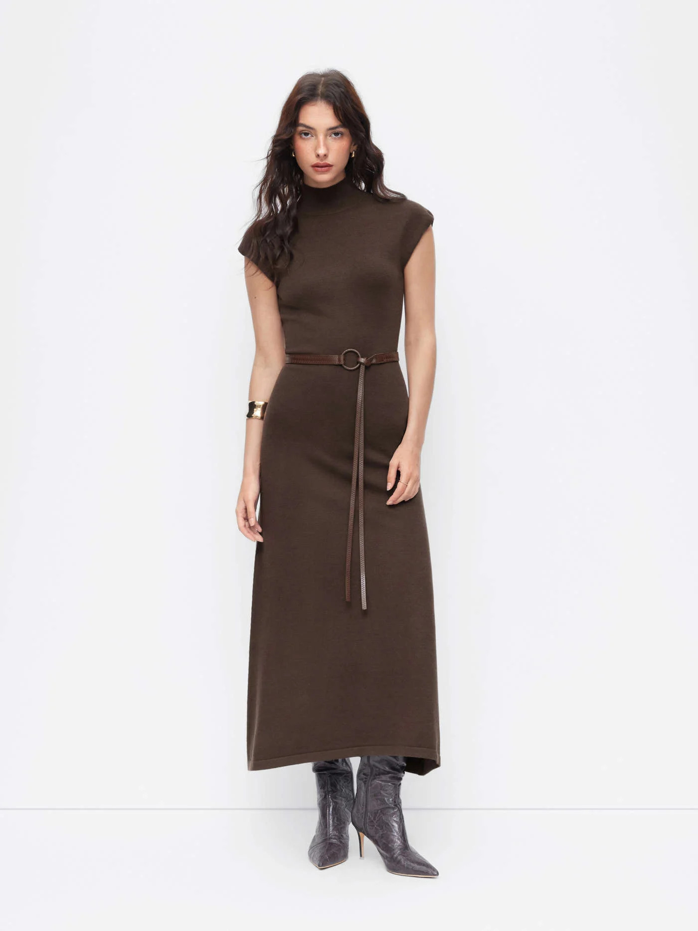 Knit High Neck Sleeve A-line Maxi Dress With Belt | Cider