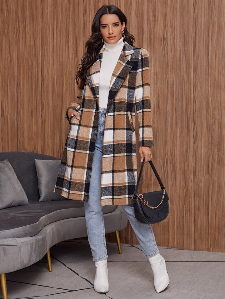 SHEIN LUNE Single Button Plaid Coat | SHEIN
