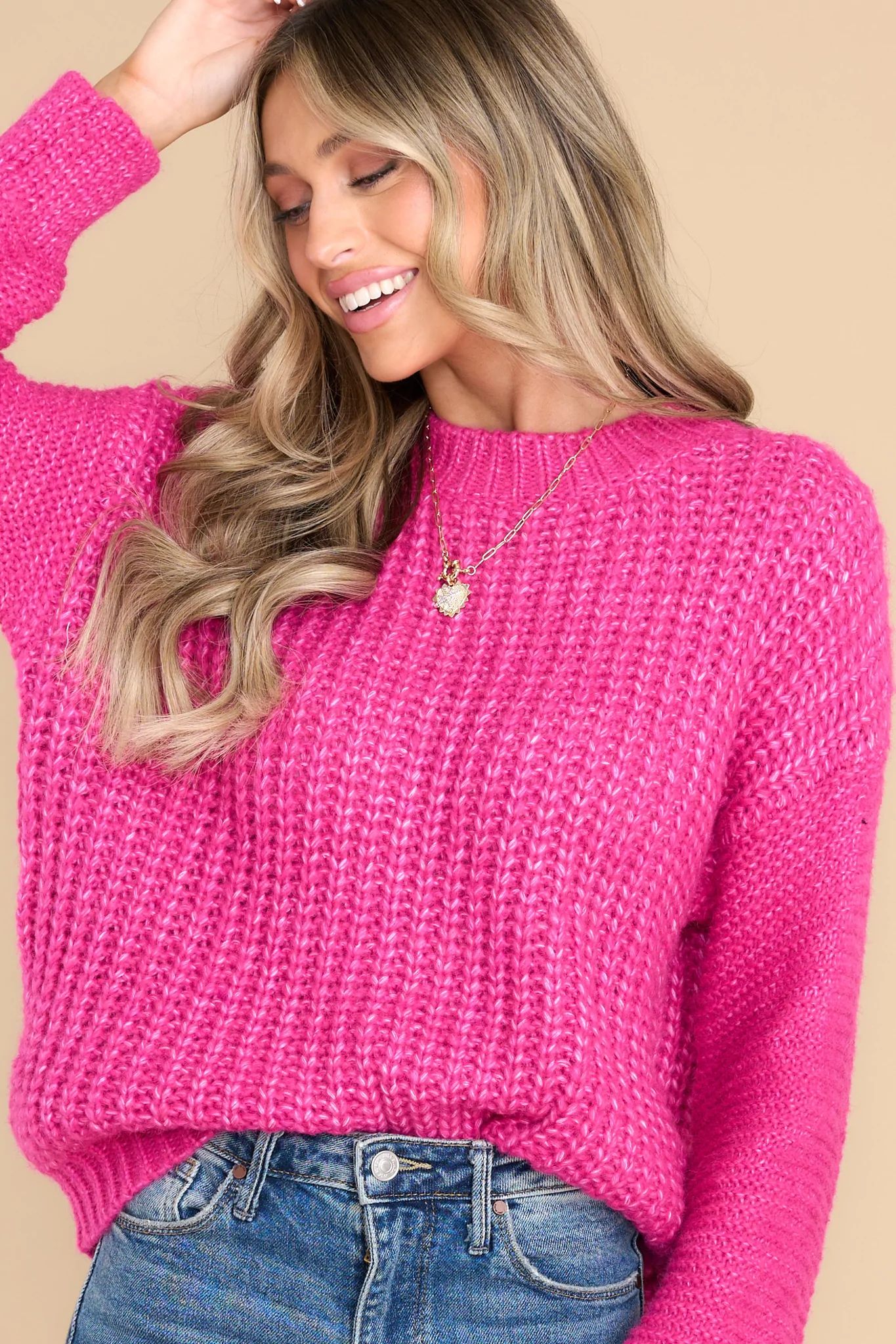 In A Daydream Fuchsia Pink Sweater | Red Dress 