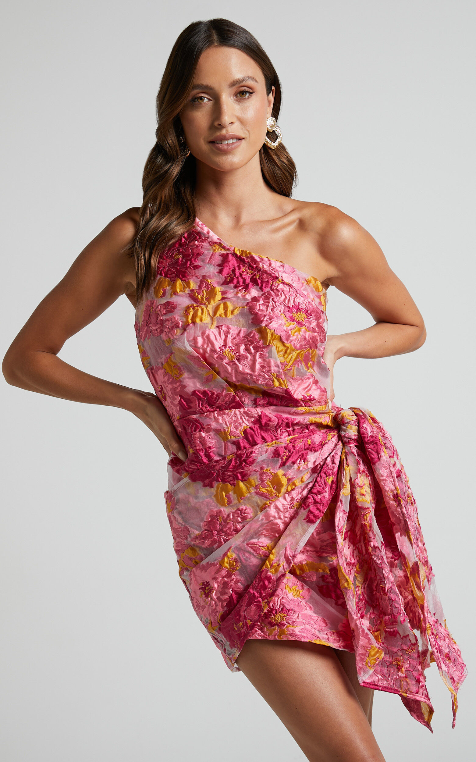 Brailey One Shoulder Wrap Front Mini Dress in Pink Jacquard | Showpo (US, UK & Europe)