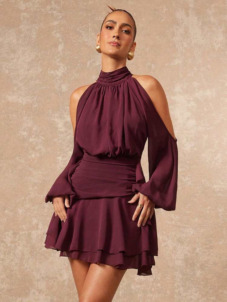 Lumalex Women's New Plum Purple Solid Color Mini Dress Long Sleeve, Lantern Sleeve Design, A-Line Dress, Party Dress, Date Dress, Afternoon Tea Dress, Autumn/ New Year's Outfit For Women,Spring Outfit Women Romantic Date Music Festival Tie-Up Long Sleeve Ruffle Hem Mini Dress For Women Sexy Purple Open Shoulder Ruched Design Long Sleeve Fitted Flared Elegant Dress Slay Diva Dress Spring/Summer Luxury Prom Gathering Party Banquet Modest Old Money Glitter Holiday Party Rave Festival Outing Vacation Hot Outdoor Richly Layered Wedding Season Banquet Al-Adha Party New Year Purple Sexy Dress Looks Of Party Gala Night Party Dress For Autumn,Valentine's Day | SHEIN