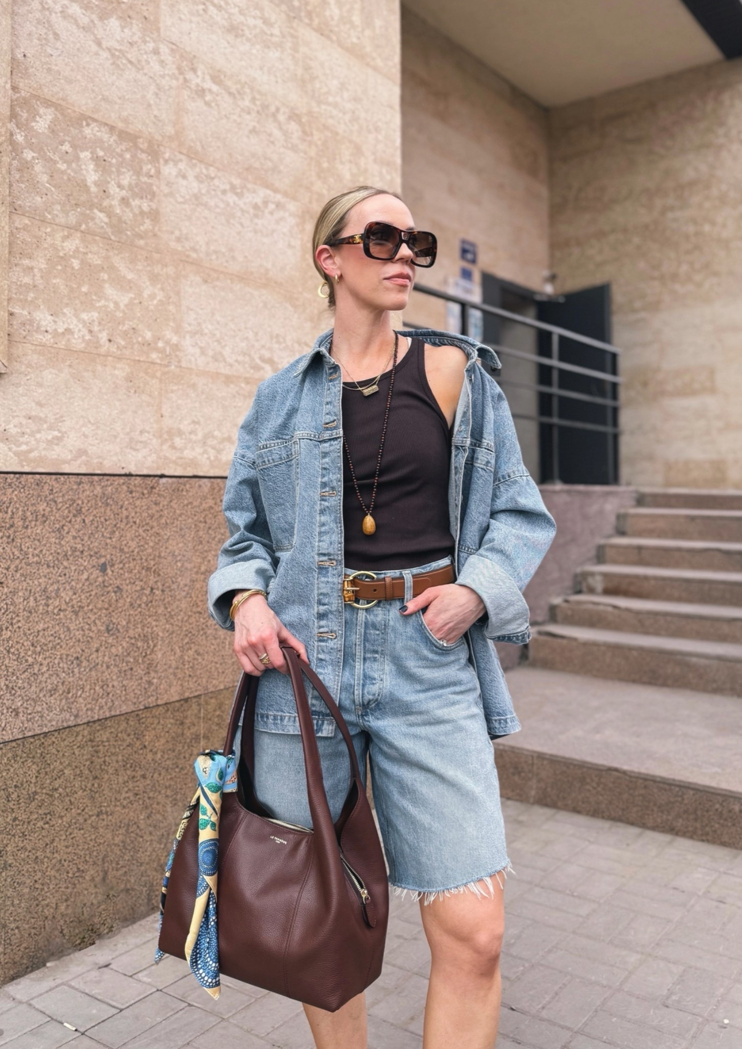 Casual denim on denim outfit, all denim outfit for summer, denim bermuda shorts, beaded necklace, Le Tanneur handbag

#LTKSeasonal #LTKOver40 #LTKTravel