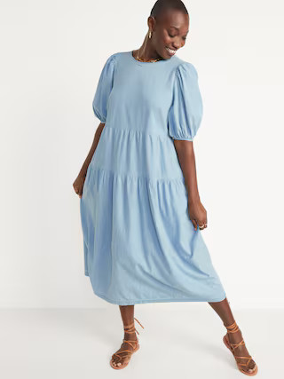 Tiered Chambray Puff-Sleeve All-Day Midi Swing Dress for Women | Old Navy (US)