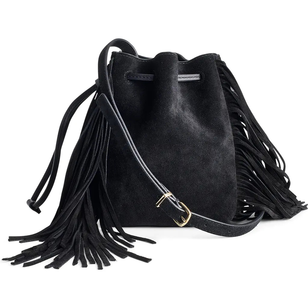 Madewell The Drawstring Suede Crossbody Bucket Bag in True Black at Nordstrom | Nordstrom