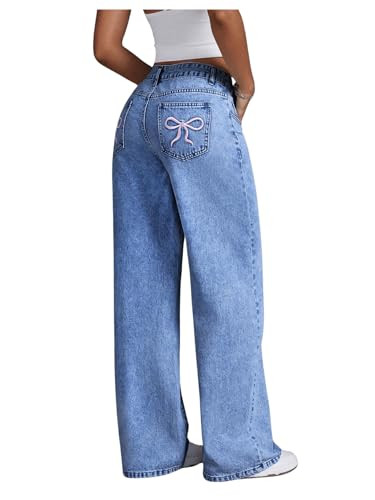 Floerns Women's Bowknot Embroidery Jeans Y2k Straight Leg Boyfriend Denim Pants Medium Wash 28 | Amazon (US)