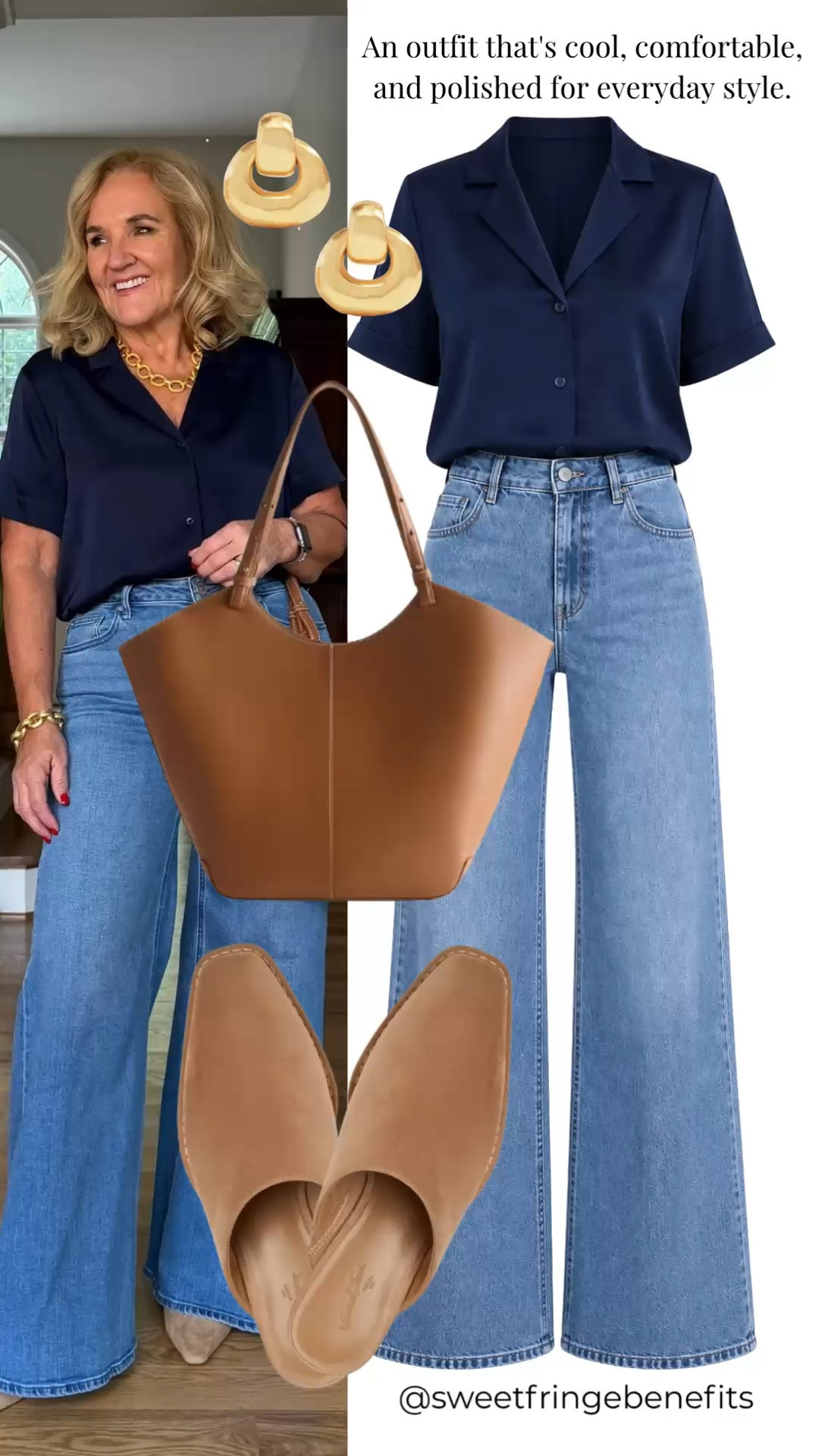 This navy blouse and wide-leg jeans combo is cool, comfortable, and polished for everyday wear. Cognac accessories add an easy classic finish.

💡 LTK MADE EASY
❤️ Heart = Support my posts!
🔖 Save = Get sale & restock alerts
📋 Lists = Keep favorites organized
📲 Share = Send lists and products to a friend. Hello, Christmas List!
💬 Comment = Ask me anything about what I'm wearing.:-)

#LTKgrwm #LTKootd #LTKOver40