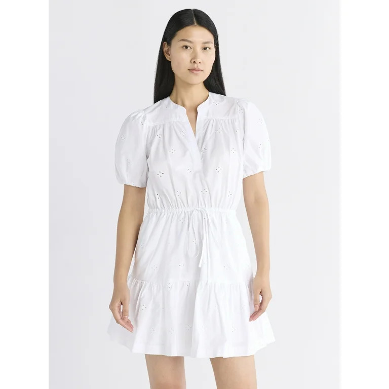Free Assembly Women's and Women's Plus Cotton Eyelet Tiered Mini Dress with Puff Sleeves, Sizes X... | Walmart (US)