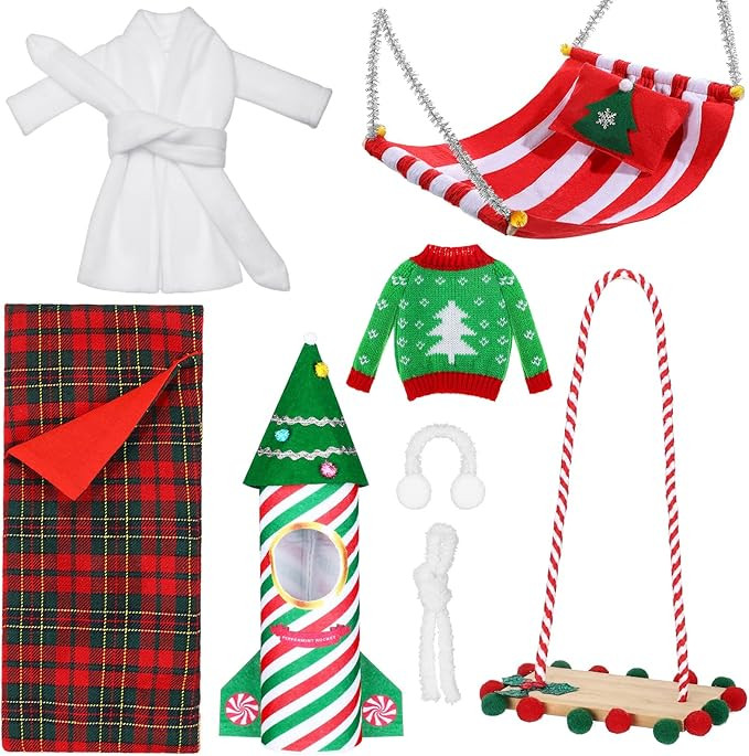 Liitrsh 8 Pcs Christmas Elf Accessories Set with Rocket, Christmas Sleeping Bag, Sweater, Bathrob... | Amazon (US)