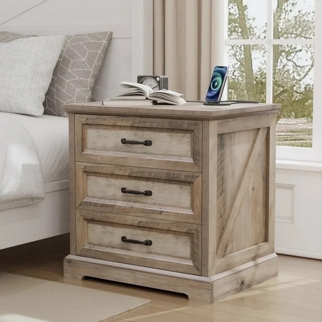 Hommpa Farmhouse 3 Drawers Nightstand with Charging Station, Rustic Wood Night Stand with Drawers... | Walmart (US)