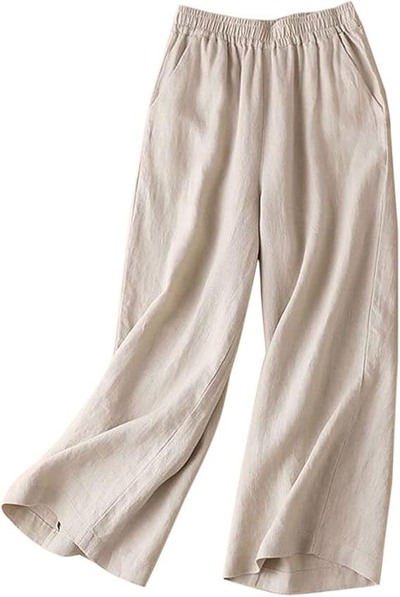 IXIMO Women's Linen Pants Elastic Wasit Wide Leg Long Palazzo Pants Trousers | Amazon (US)