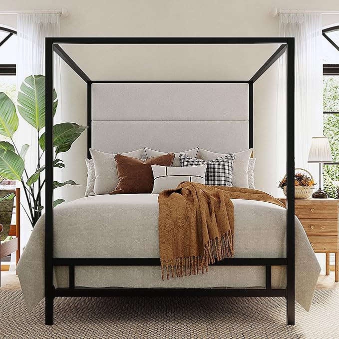 Merax Queen Size Metal Canopy Bed Frame, Modern Tall Upholstered Velvet Headboard, Black 4-Poster... | Amazon (US)