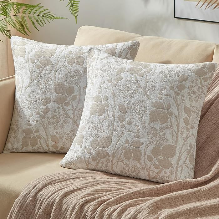 Jacquard Floral Throw Pillow Covers 20x20 - Decorative Couch Boho Pillow Covers Set of 2, Neutral... | Amazon (US)