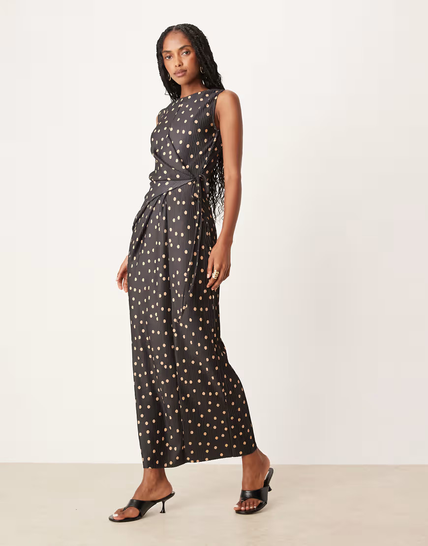 ASOS DESIGN plisse sleeveless wrap tie front maxi dress in polka dot-Multi | ASOS (Global)