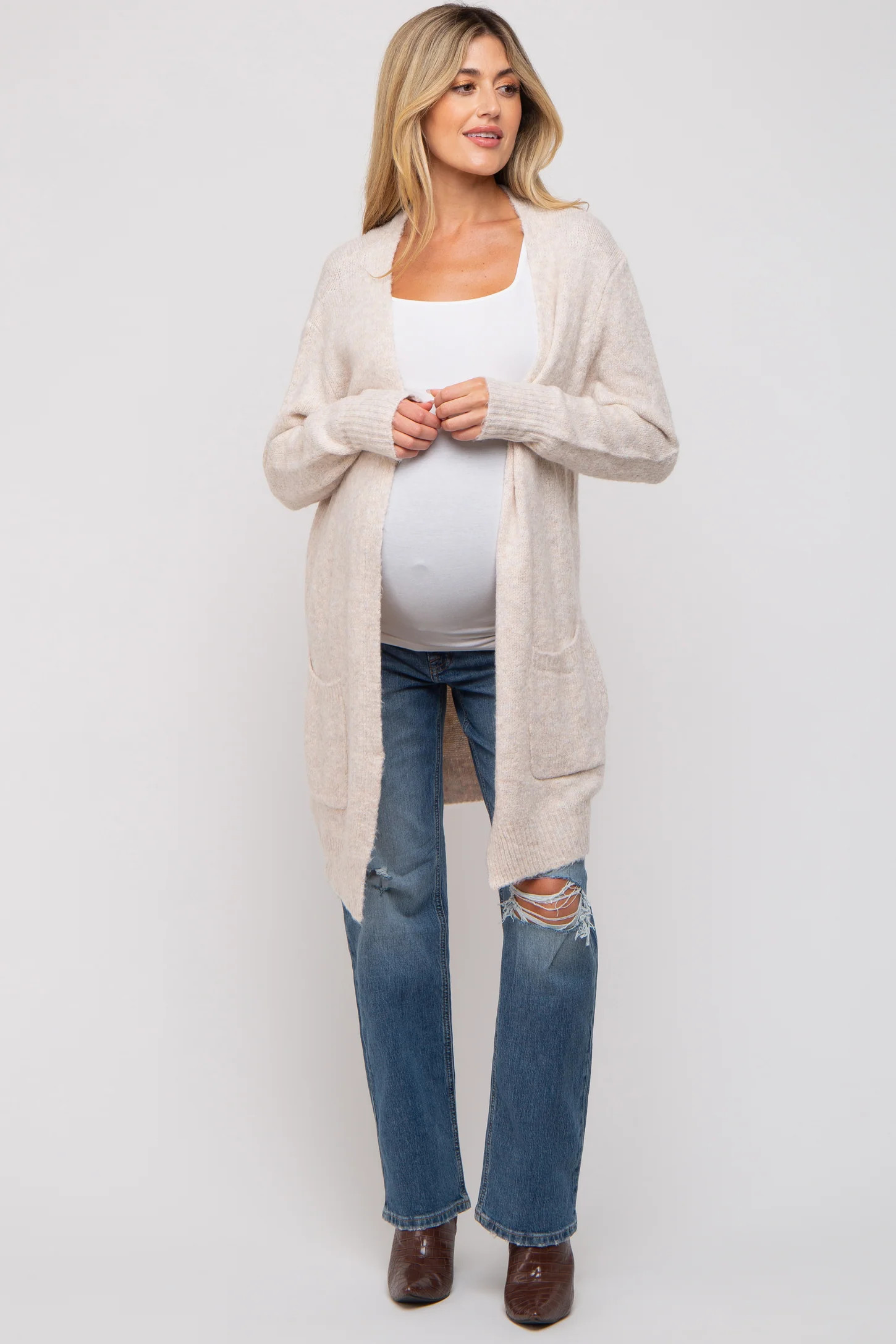 Beige Basic Knit Maternity Cardigan | PinkBlush Maternity