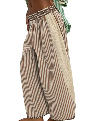 Athlisan Womens Summer Casual Loose Striped Wide Leg Lounge Pants Elastic Waist Palazzo Trousers | Amazon (US)