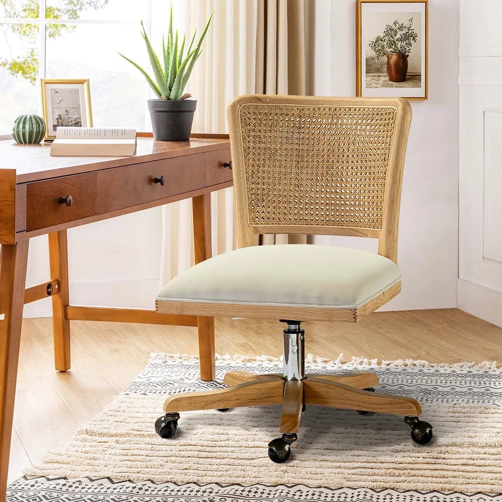 Swivel Office Chair Wooden Rattan Back Adult Task Chair Living Office Room, Beige | Walmart (US)