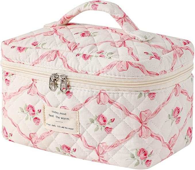 Large Quilted Makeup Bag for Women and Girls, Cute Coquette Floral Cotton Cosmetic Bag, Aesthetic... | Amazon (US)