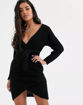 Boohoo wrap jumper dress with belted waist in black | ASOS UK