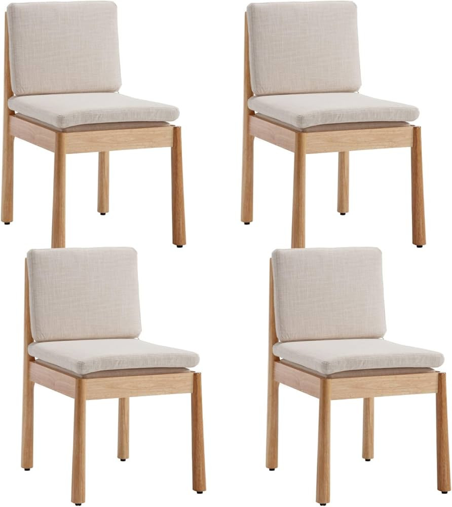 Wood Dining Chairs Set of 4 Beige Fabric Dining Room Chairs Armless Upholstered Kitchen Chairs Ru... | Amazon (US)