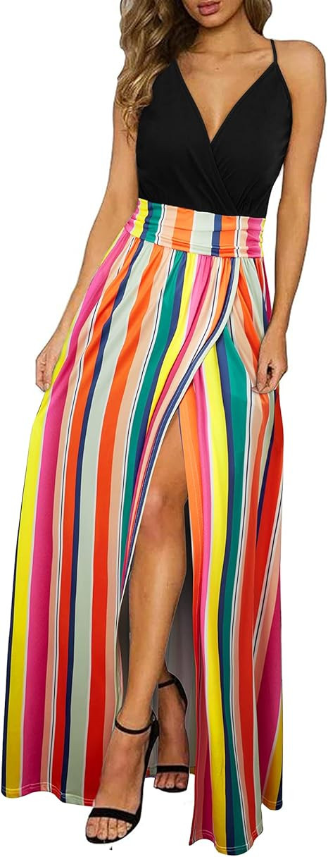 Newshows Women's 2024 Summer Maxi Dress Spaghetti Strap Spring Casual Boho V Neck Split Beach Lon... | Amazon (US)