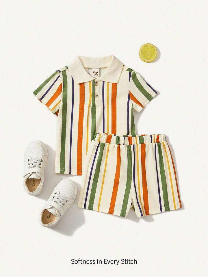 Cozy Cub Baby Boy Block Striped Polo Tee & Shorts | SHEIN