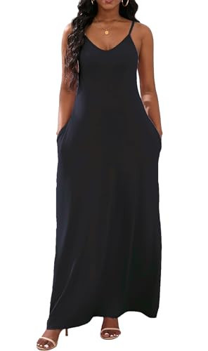 vunahzma Women's Long Black Dresses Sexy V-Neck Adjustable Spaghetti Strap Sleeveless Sundresses Plus Size in The Summer Black XXL | Amazon (US)