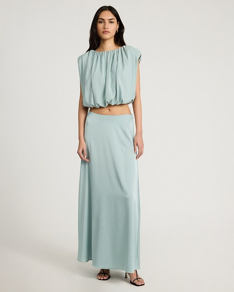 Two Piece Set: Crew Neck Cap Sleeve Pleated Top + Satin High Waisted Maxi Skirt | Express