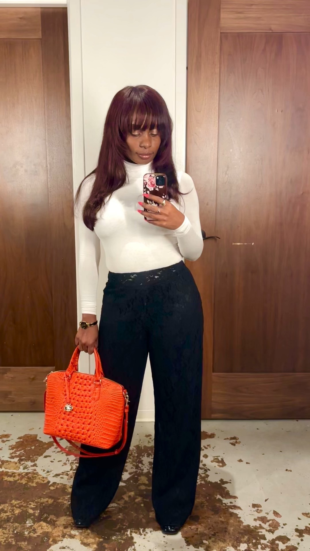 Winter to Spring outfit. Vintage lace pants, turtleneck bodysuit, and red statement crocodile embossed handbag. 

#LTKWorkwear #LTKootd #LTKSeasonal