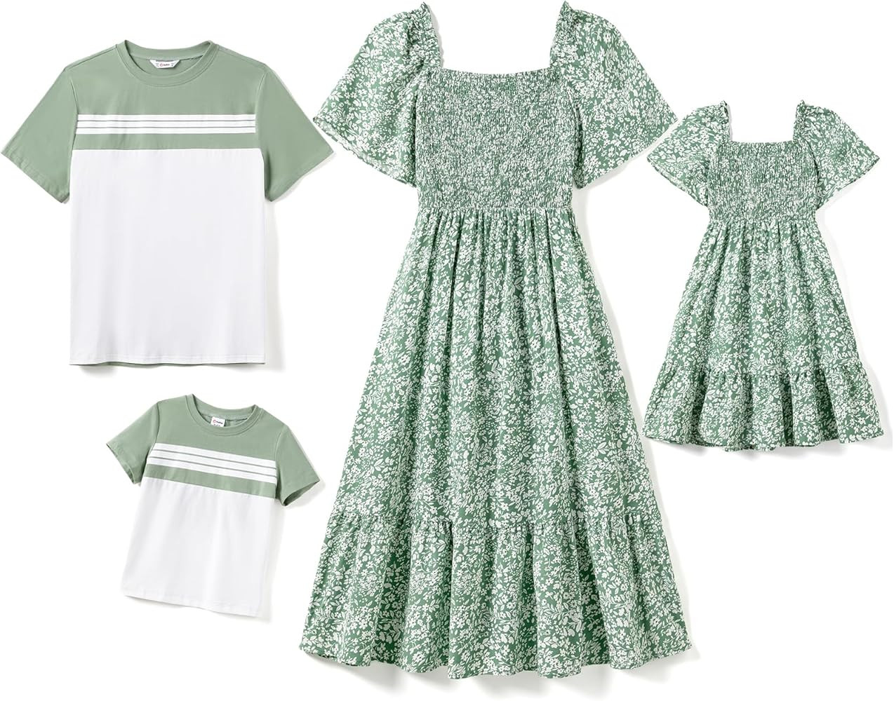 PATPAT Family Matching Outfits Boho Floral Print Square Neck Puff Sleeve Smocked Dress and Short ... | Amazon (US)