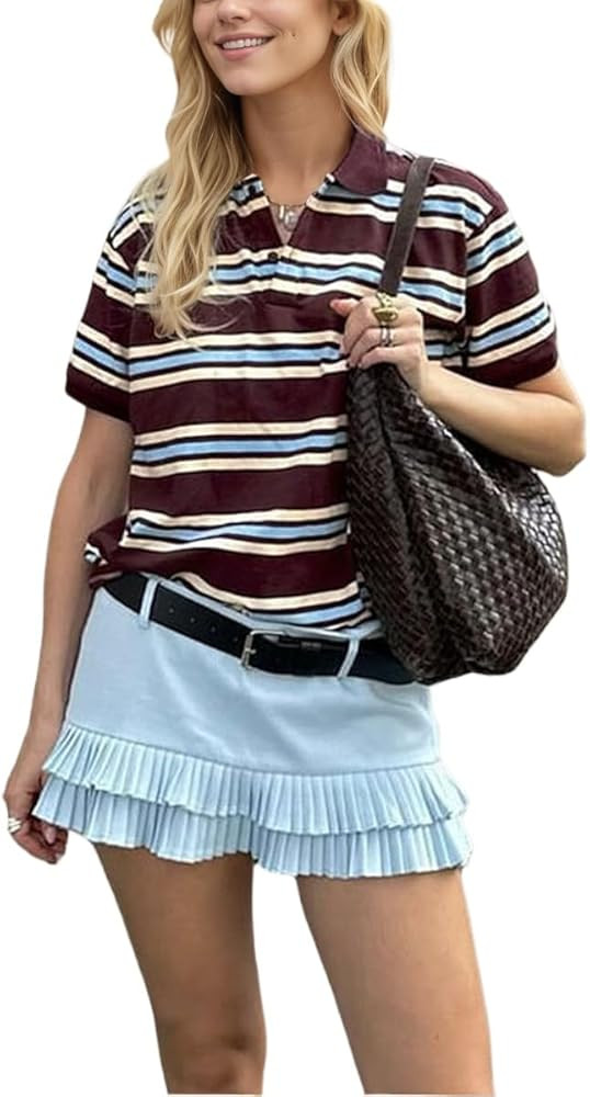 Women's Y2K Striped Rugby Shirt Collared Neck Button Up Polo Short Sleeve Vintage Tee Preppy Grun... | Amazon (US)