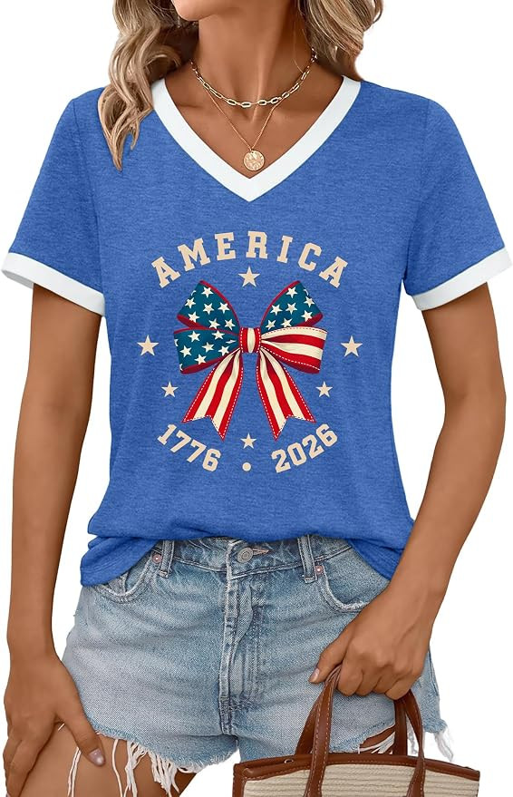 PECHAR 4th of July Shirts Women American Flag T-Shirt Faith Family Freedom Tshirt V-Neck Short Sl... | Amazon (US)