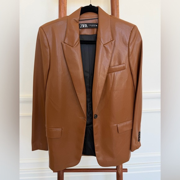 ZARA women’s Tan Brown Faux Leather Single-Button Blazer | Poshmark