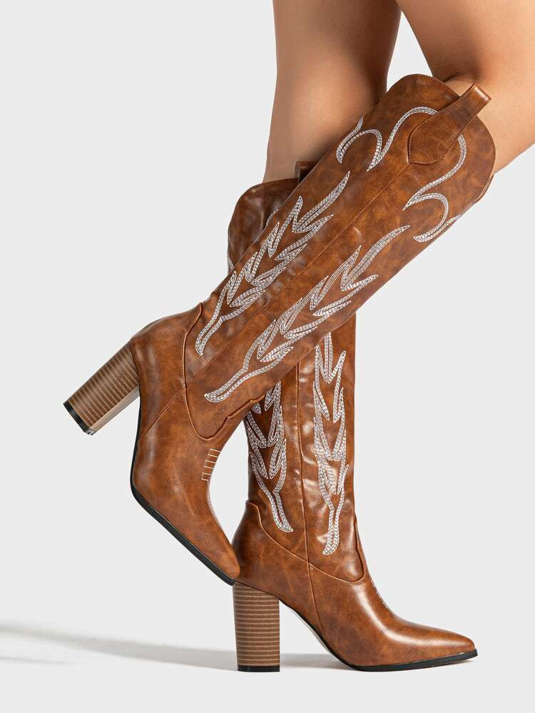 Stitch Detail Point Toe Chunky Heeled Western Boots | SHEIN
