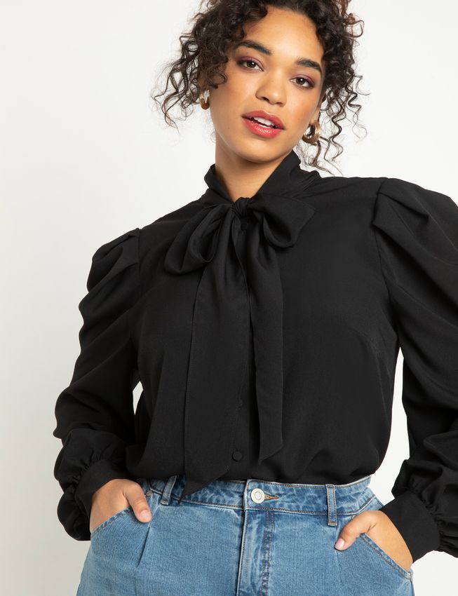 Scarf Front Blouse - Black | Eloquii