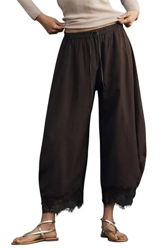 Lviefent Womens Cropped Lace Hem Pants Casual Drawstring Waist Summer Wide Leg Pants Beach Trousers with Pockets (Brown-S) | Amazon (US)