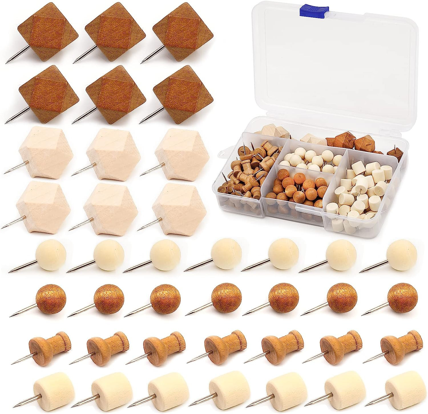 157 Pcs Wood Push Pins Wooden Head Pin 4 Types Wooden Thumb Tacks Decorative Map Marking Pins for... | Amazon (US)
