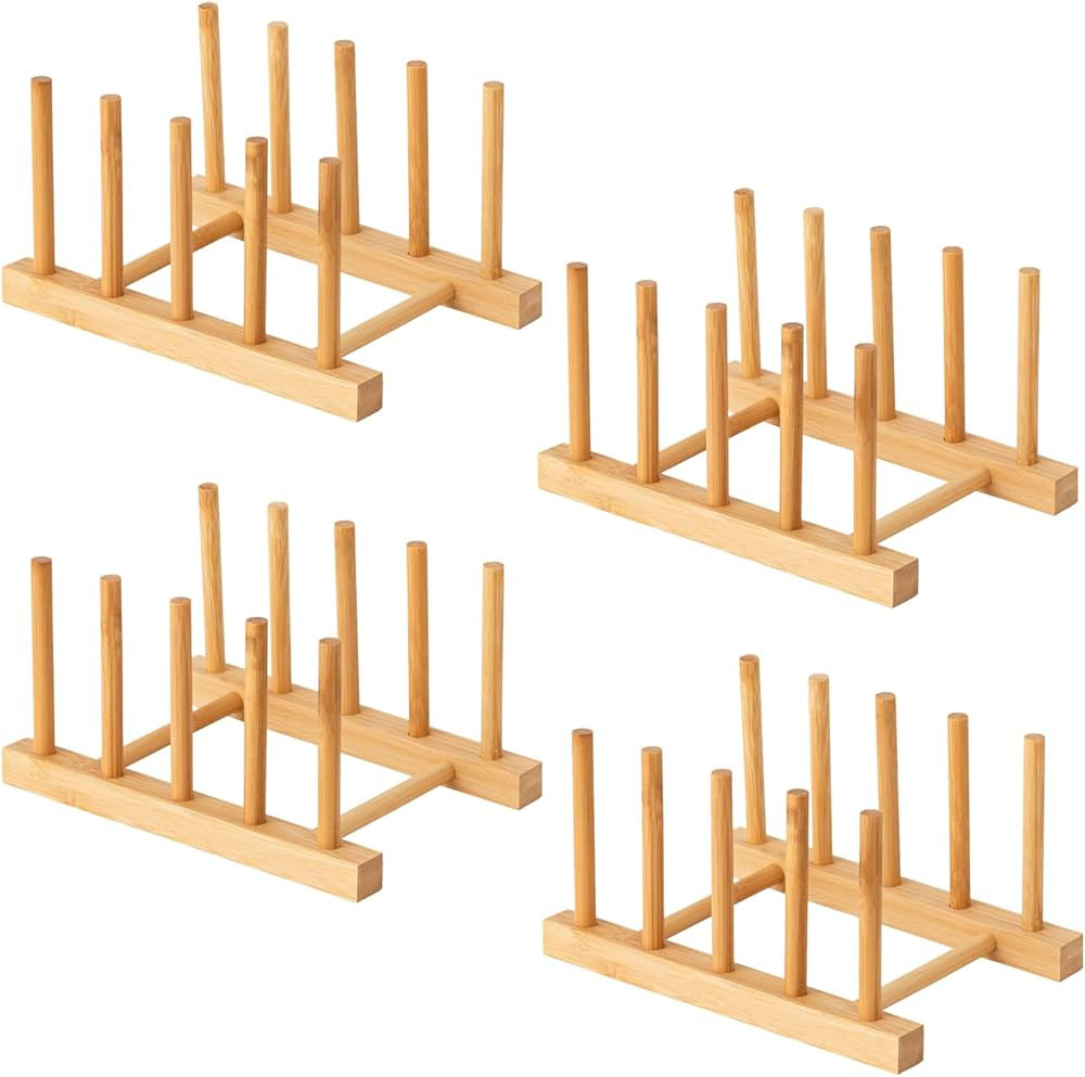 4 Pack Bamboo Dish Drying Rack, 4 Slots Wooden Plate Rack Stand Drainer Storage Holder for Dish, ... | Amazon (US)