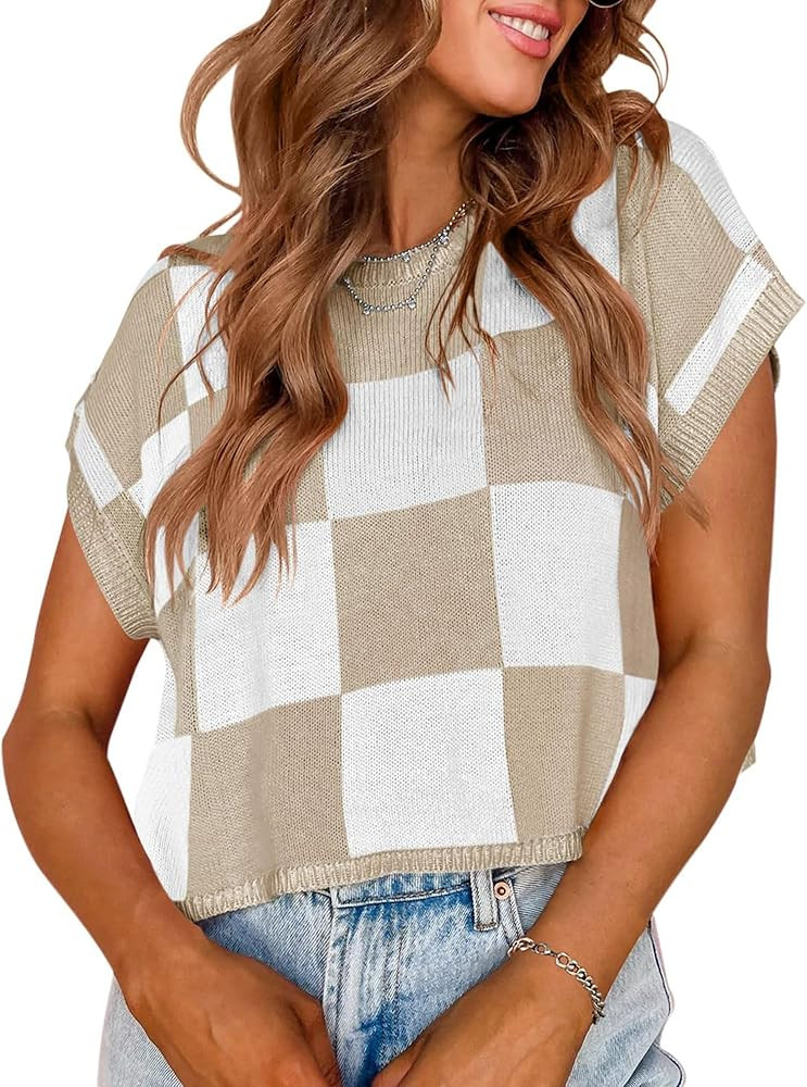 Womens Cap Sleeve Summer Tops Crop Checkered Y2K Outfits Cute Preppy Clothes Loose Fit Lightweigh... | Amazon (US)