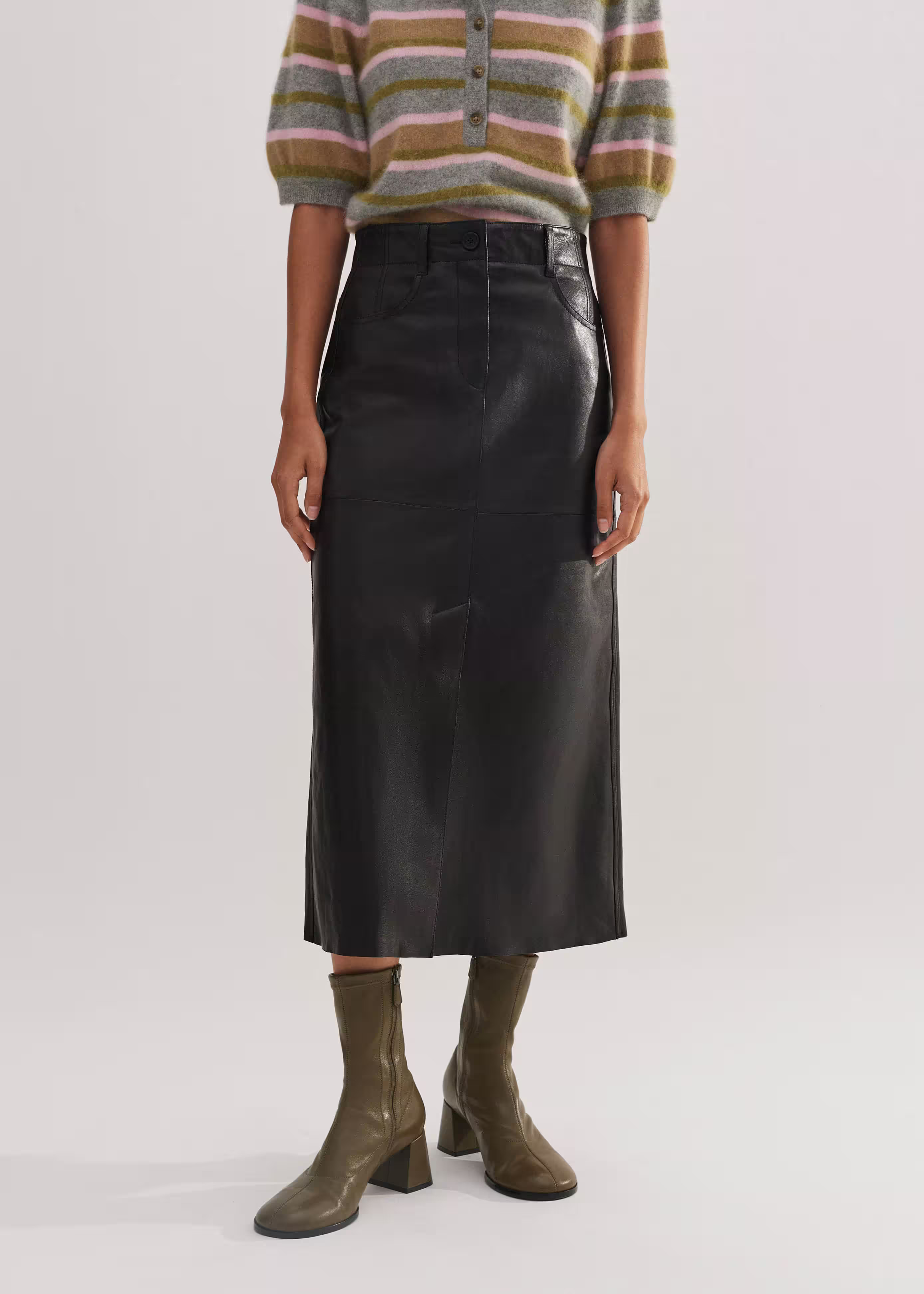 Women's Black Leather Midi Skirt | ME+EM | ME+EM Global (Excluding US)